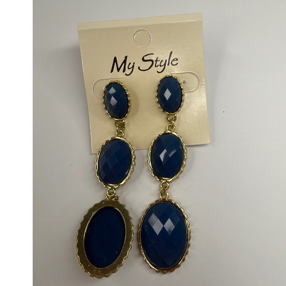 My Style Navy Blue Faceted Oval Triple Drop Earrings Gold Tone Statement Dangle